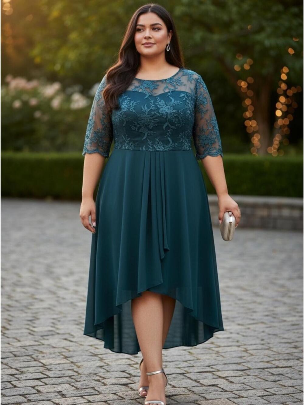 Plus-Size Teal Lace Bodice High-Low Dress with Sheer Sleeves